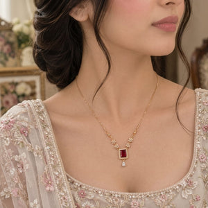 Gold Plated Oval Ruby Gemstone Floral Pendant Necklace with CZ Crystals