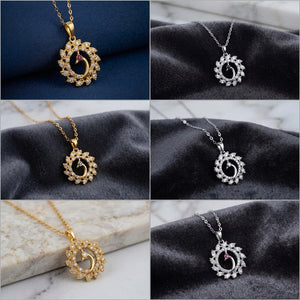 Six-panel collage showing the same crescent moon pendant necklace in two metal finishes: gold and silver. The pendant is surrounded by small clear stones and a tiny pink stone, displayed on dark velvet fabric and a light marble surface.