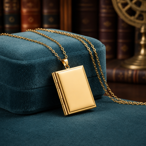 A gold rectangular locket pendant necklace displayed on a dark teal velvet box, with a blurred background of antique book spines and a brass globe.
