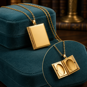 Gold locket pendant necklace displayed on a dark teal velvet jewelry box, with an inset close-up showing the open locket interior. No person, animal, or real environment is present; the scene is a styled product shot.