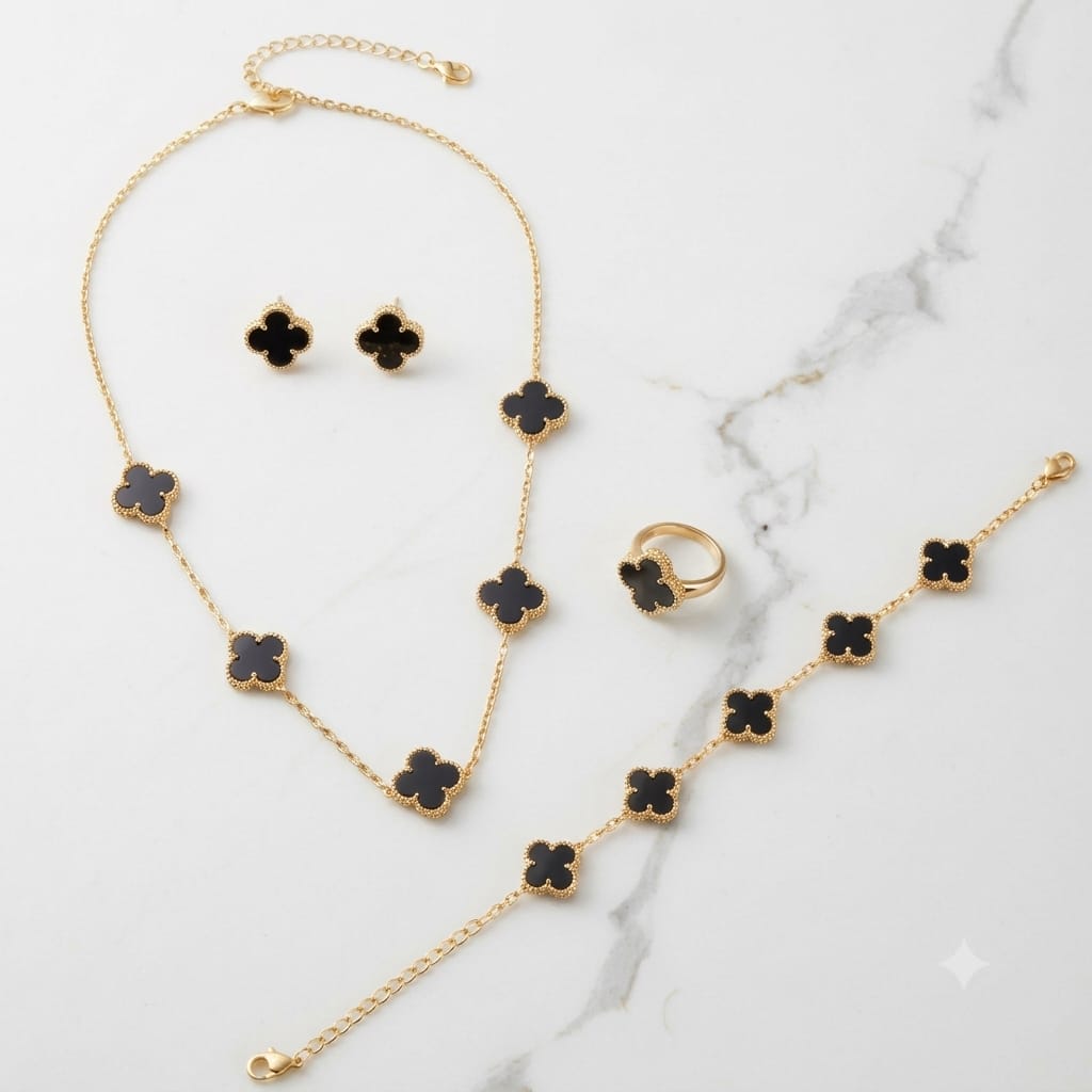Gold Plated Black Clover Motif Jewelry Set - Necklace, Bracelet, Ring & Stud Earrings