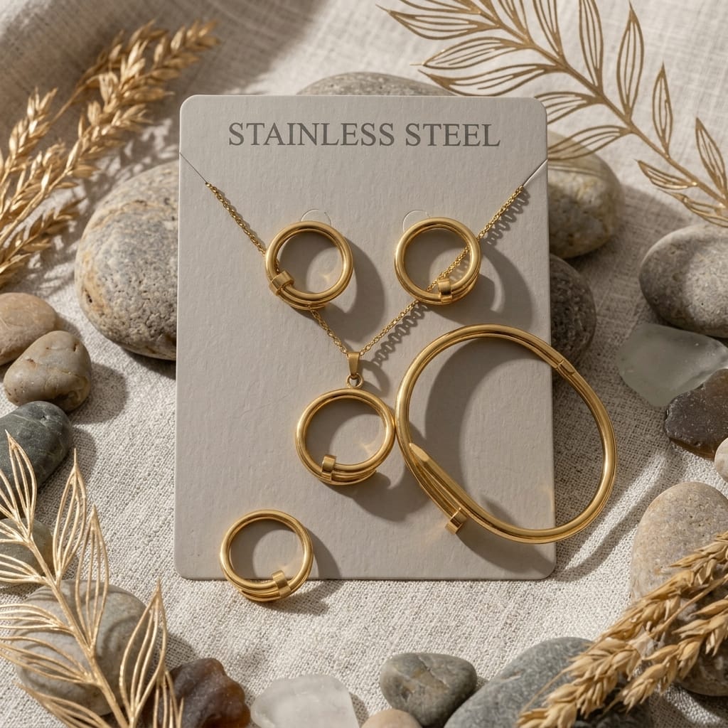 Gold Plated Circular Charm Jewelry Set - Pendant Necklace, Bangle, Ring & Earrings