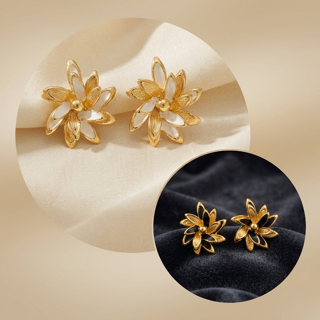 Gold Plated Elegant Floral Stud Earrings for Women | Luxury Enamel Flower Earrings