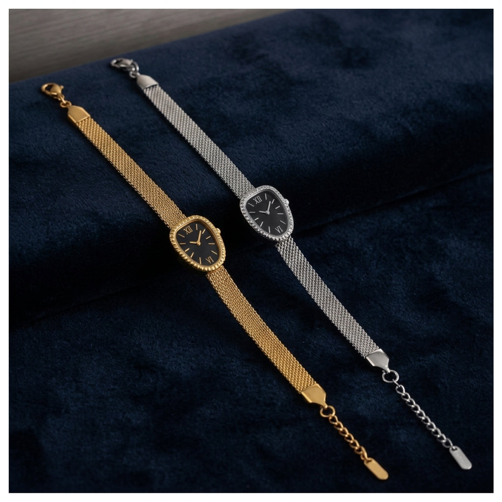 Gold Plated Elegant Mesh Chain Watch Bracelet for Women | Luxury Oval Dial Bangle