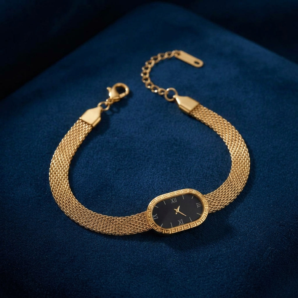 Gold Plated Elegant Mesh Chain Watch Bracelet for Women | Luxury Oval Dial Bangle