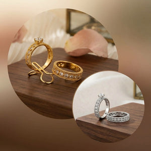Two ornate rings displayed on a wooden surface inside circular inset photos: one gold ring with a diamond and bow detail, one silver ring with a diamond and band bow detail, against a soft beige background.