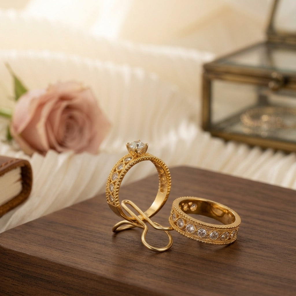 Two gold rings displayed on a dark wooden surface, with one ring standing upright on a small ring stand and the other lying flat. The rings feature intricate filigree detailing and rows of small clear stones.