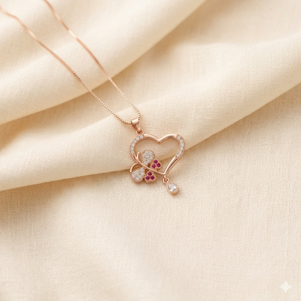 Gold Plated Heart & Butterfly Pendant Necklace with Crystal Accents