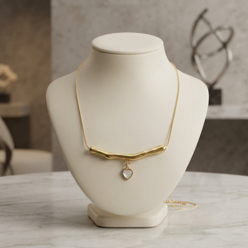 Gold Plated Organic Bar Heart Pendant Necklace | Elegant Gold Choker