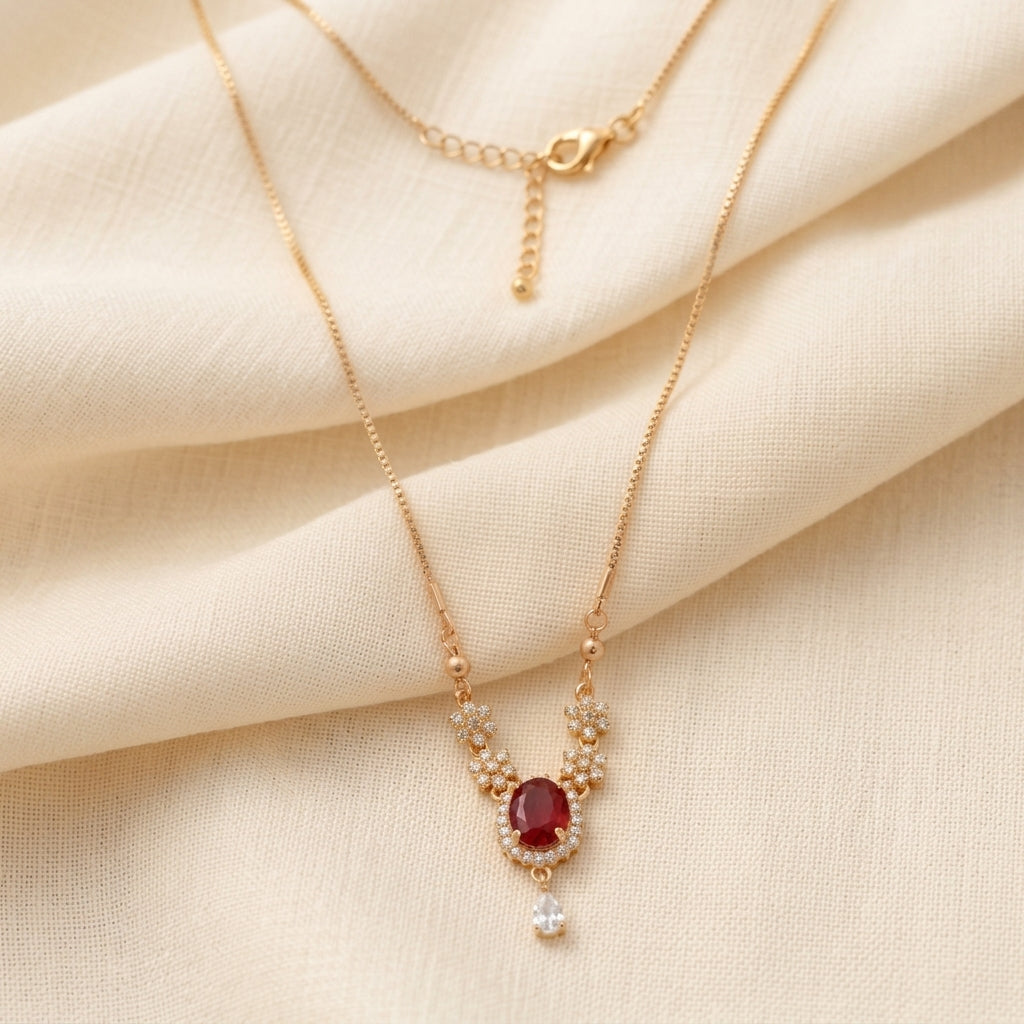Gold Plated Oval Ruby Gemstone Floral Pendant Necklace with CZ Crystals