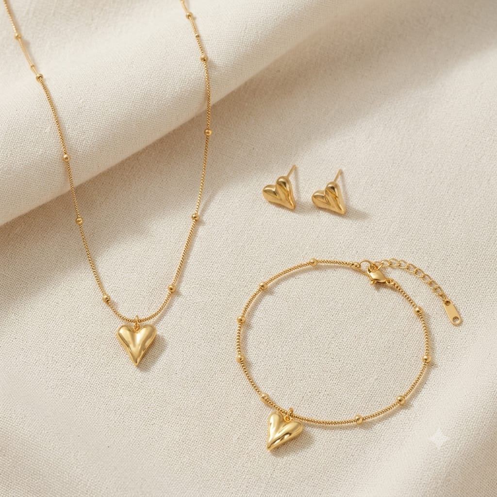Gold Plated Puffy Heart Jewelry Set - Necklace, Bracelet & Stud Earrings