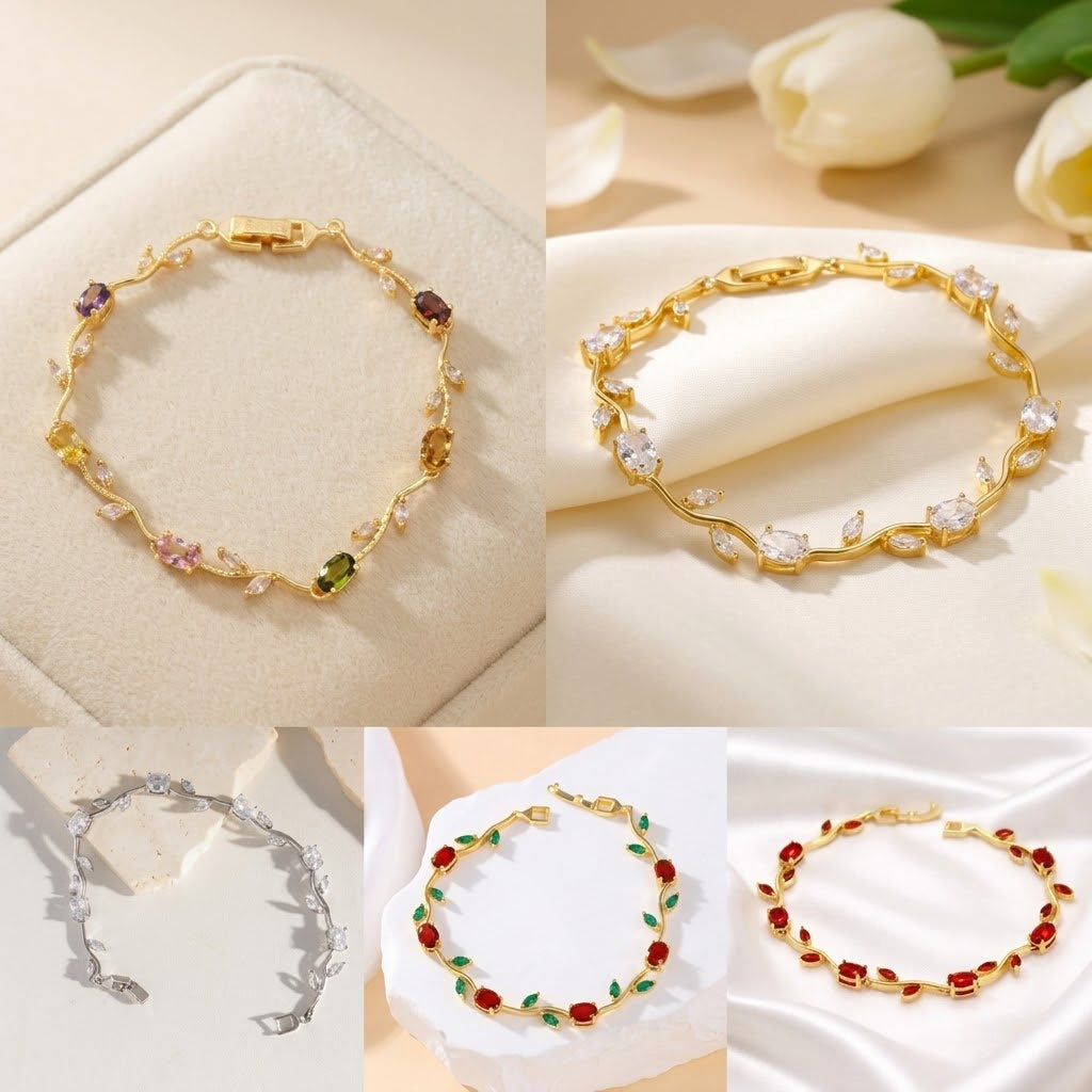 A collage of five jewelry shots showing gold-toned bracelets with colorful stones and floral motifs on a soft cream background. The bracelets feature yellow gold settings with multicolored gemstones and clear crystal-like accents, plus one silver-toned bracelet and one bracelet with red stones and green leaf details.