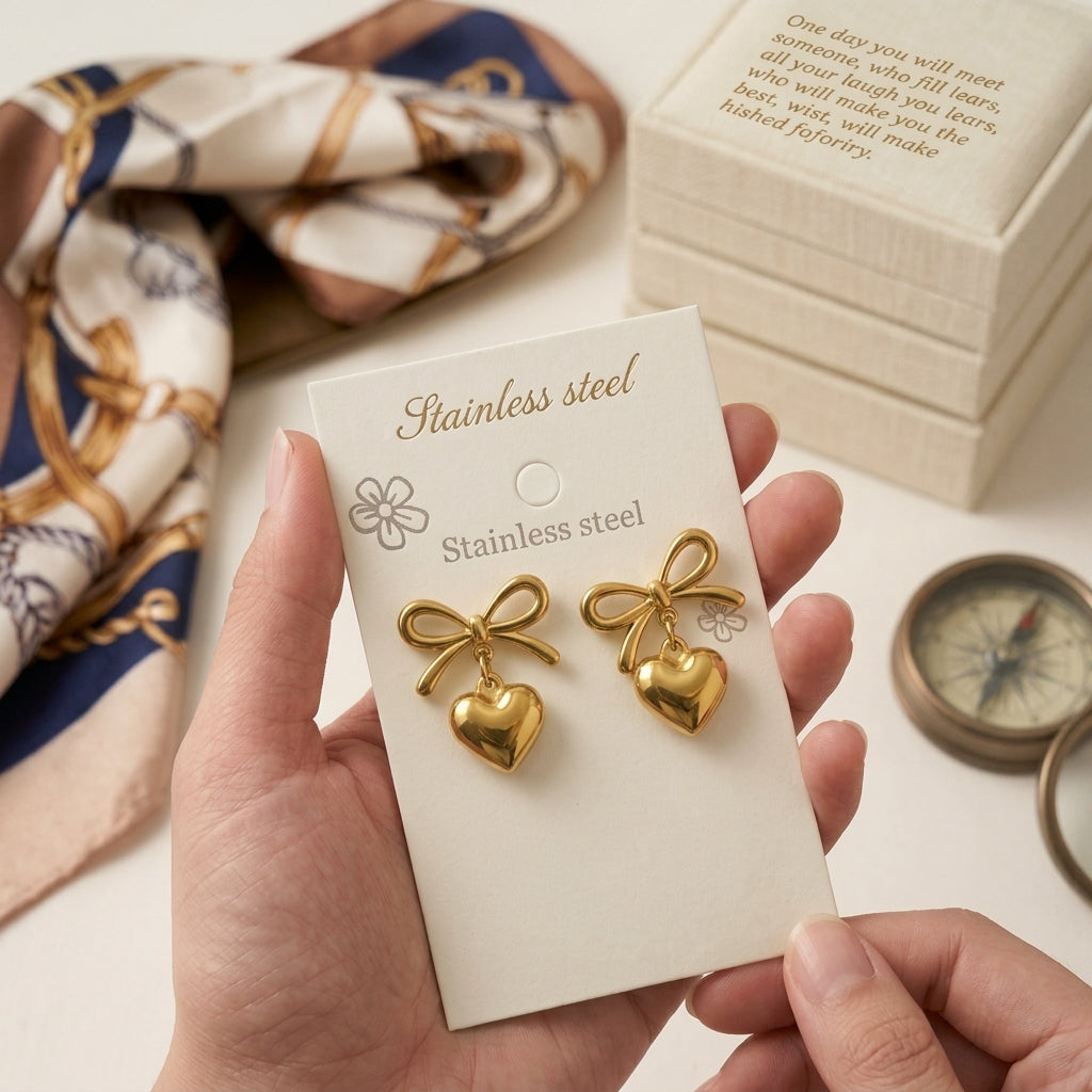 Gold Plated Ribbon Bow & Puffy Heart Dangle Earrings for Women | Stainless Steel Drops