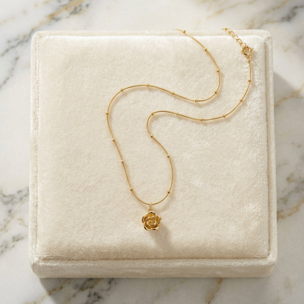 Gold Plated Rose Flower Pendant Satellite Chain Necklace | Minimalist Floral Jewelry
