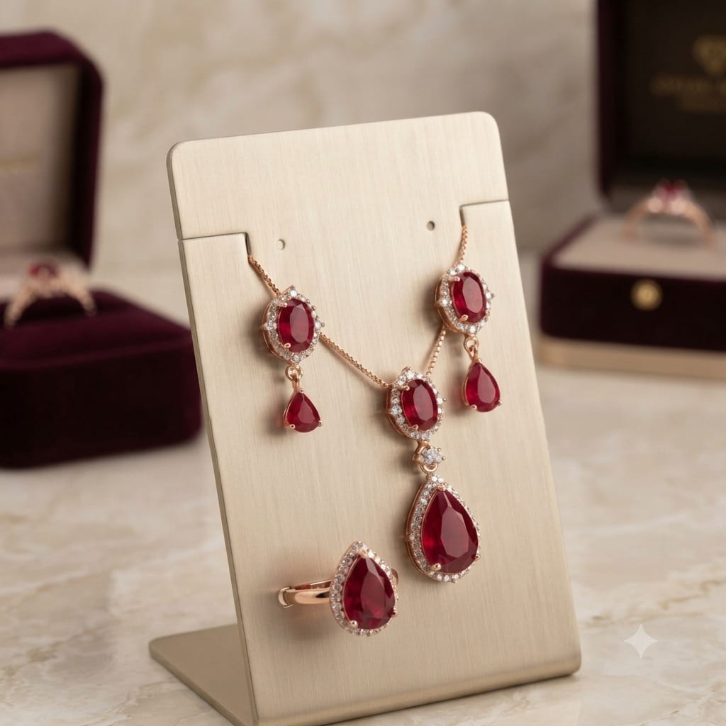 Gold Plated Ruby Red Crystal Halo Jewelry Set - Pendant Necklace, Ring & Drop Earrings