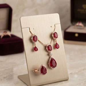 Gold Plated Ruby Red Crystal Halo Jewelry Set - Pendant Necklace, Ring & Drop Earrings