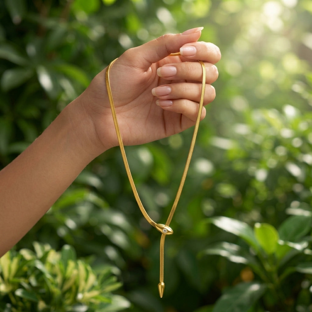 Gold Plated Snake Chain Lariat Necklace with Crystal Accent.