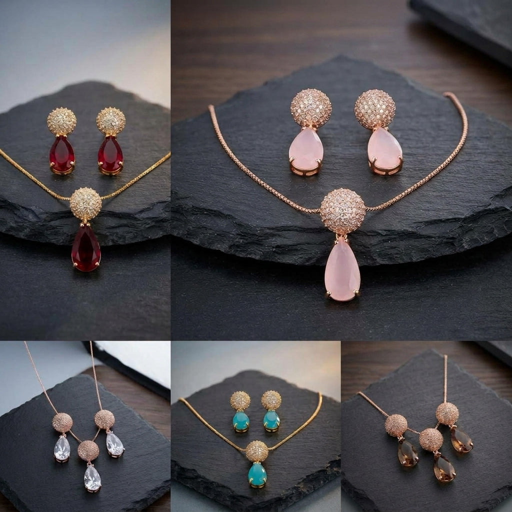 A 2x3 collage showing four different jewelry sets on dark slate trays: red teardrop earrings with round crystal tops and matching pendant, pale pink teardrop earrings with matching pendant, clear teardrop earrings with matching pendant, and brown teardrop earrings with matching pendant, all in gold-tone chains.