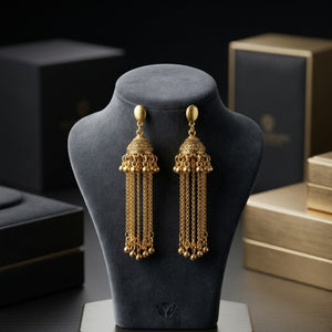 Gold Plated Traditional Long Chain Tassel Jhumka Earrings