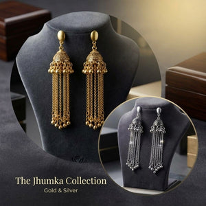 Gold Plated Traditional Long Chain Tassel Jhumka Earrings