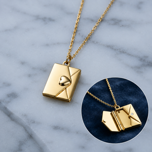 Gold Plated Vintage Memory Locket Necklace | Love Letter Envelope & Book Photo Pendant