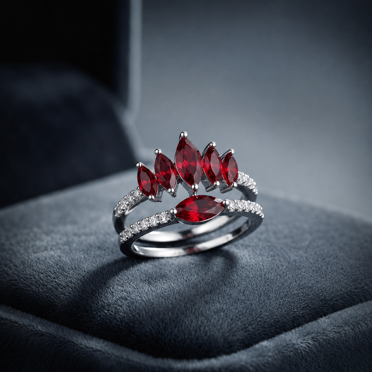 Royal Red Marquise Crystal Crown Ring Set - Silver Plated Two-Piece Stackable Band