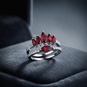 Royal Red Marquise Crystal Crown Ring Set - Silver Plated Two-Piece Stackable Band