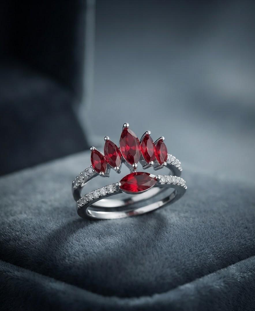 Royal Red Marquise Crystal Crown Ring Set - Silver Plated Two-Piece Stackable Band
