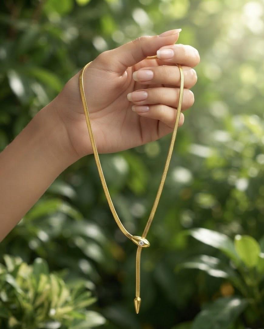 Elegant Gold Snake Head Lariat Necklace - Herringbone Drop Chain with Zircon Accent